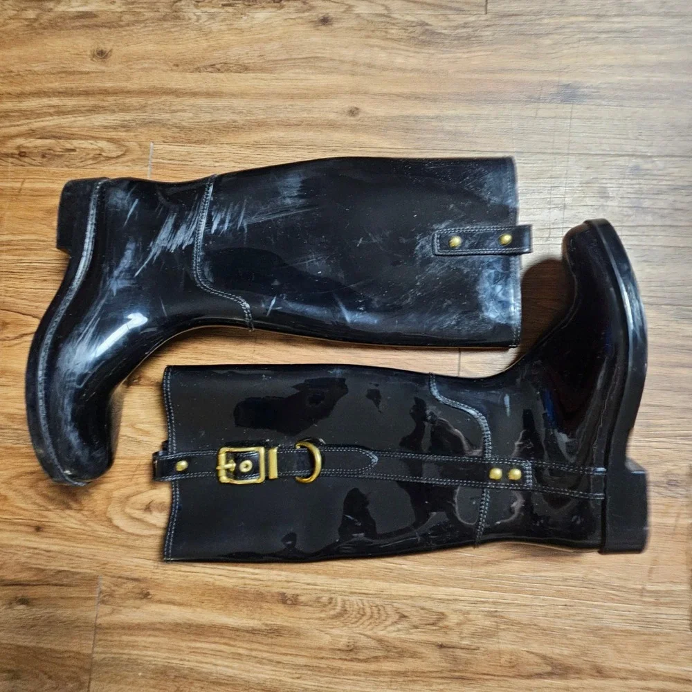 Coach Tasha Signature Buckle Rain Boots Tall Womens 10 Glossy Quiet‎ Luxury